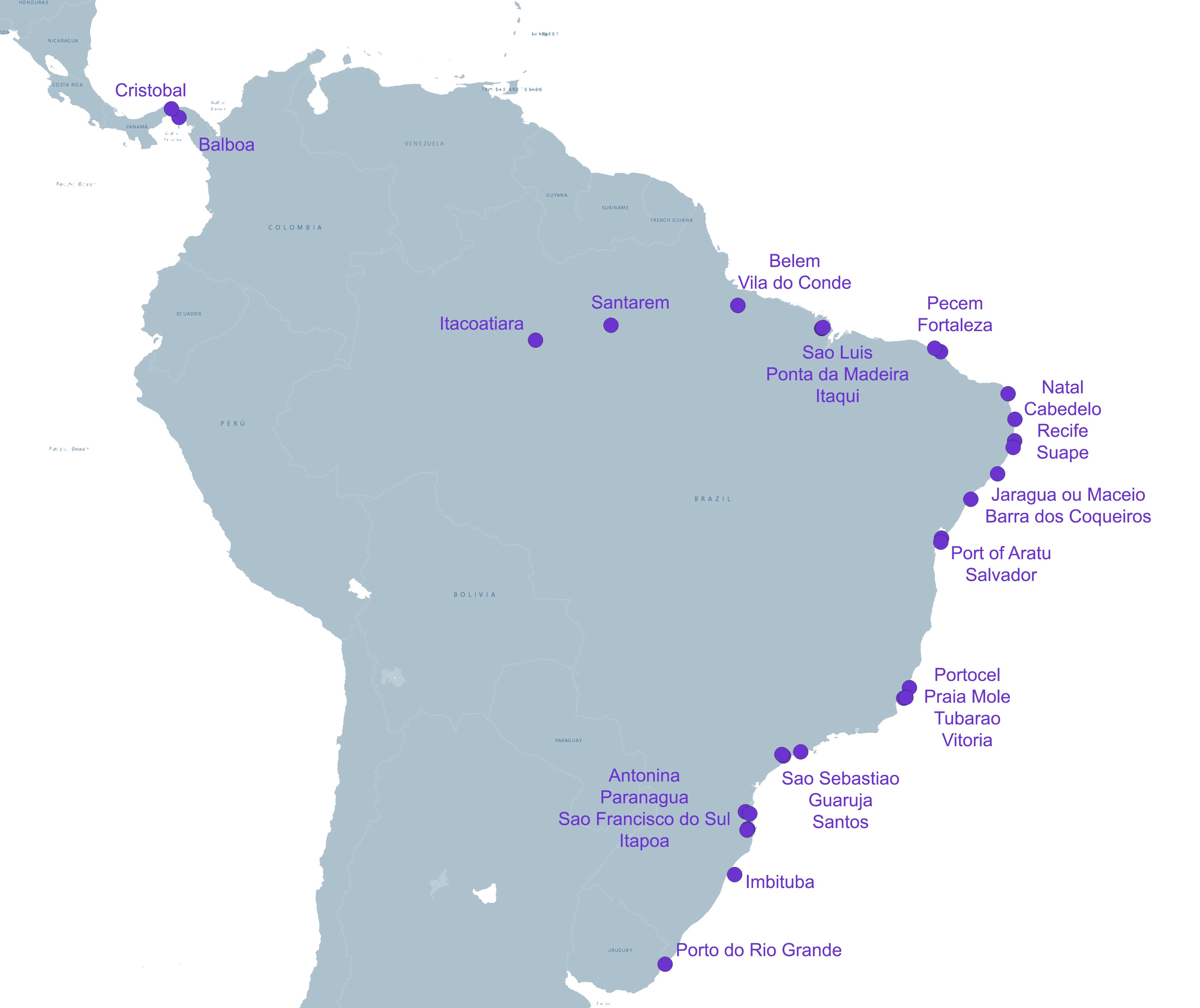 Cristobal, Balboa, Itacoatiara, Santarem, Vila do Conde, Belem, Sao Luis, Ponta da Madeira, Itaqui, Pecem, Fortaleza, Natal, Cabedelo, Recife, Suaoe, Jaragua ou Maceio, Barra dos Coqueiros, Port of Aratu, Salvador, Portocel, Praia Mole, Tubarao, Vitoria, Sao Sebastiao, Guaruja, Santos, Antonia, Paranagua, Sao Francisco do Sul, Itapoa, Imbituba, Porto do Rio Grande