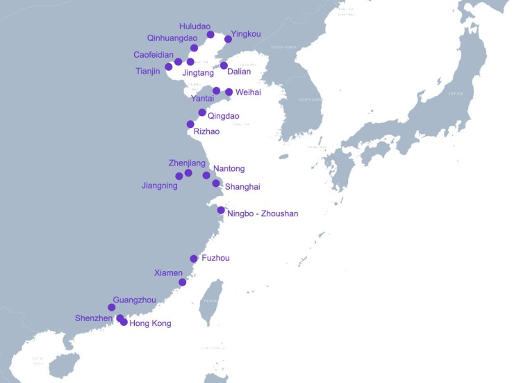Caofeidian,Dalian,Fuzhou,Hong Kong,Huludao,Guangzhou,Jiangning,Jingtang,Nantong,Ningbo and Zhoushan,Qinhuangdao,Qingdao,Rizhao,Shanghai,Shenzhen,Tianjin,Weihai,Xiamen,Yantai,Yingkou,Zhenjiang